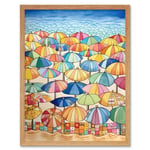 Summer At The Seaside With Colourful Beach Umbrellas On The Sand Watercolour Painting Art Print Framed Poster Wall Decor 12x16 inch