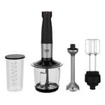 BEKO, Set Mixeur Plongeant, Puissance : 750 W, 12 vitesses + Turbo, 4 lames en étoile, Cloche anti éclaboussures, Verre doseur, Hachoir bol verre 2 lames, Fouet, Pied inox, Noir et Inox