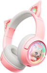 Casque Bluetooth avec oreilles de chat, en mode sans fil et filaire, avec microphone, lumière RVB, compatible avec téléphones portables, PC, tablette, consoles de jeux, rose