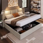 Lit coffre rembourré, lit adulte, avec liseuse, usb, lit double 140x200cm, lin, beige, sans matelas