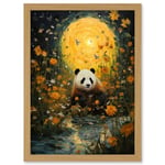 Artery8 Harvest Moon Panda Landscape Oil Painting Panda Bear in a Wildflower Meadow with Flowing Stream Kids Bedroom Artwork Framed A3 Wall Art Print