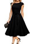 DRESSTELLS Robe Cocktail Mariage Vintage Robe Casual Femme Robe de Soiree Femme Robe baptême col Rond Manches Courtes Noir S