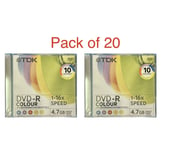 20 x TDK DVD-R Colour Blank DVD Discs 16x 4.7GB 120 mins Jewel Coloured Case