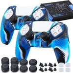 Lot De 2 Coques En Silicone Pour Manette De Ps5 (Camouflage Bleu) Avec 8 Grips Pour Les Pouces, 8 Bouchons Et 4 Protections Anti-Chocs