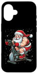 Coque pour iPhone 16 Père Noël sur vélo d'appartement, gym, fitness, entraînement, Noël, neige