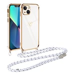 Vauki Coque pour iPhone 13 avec Cordon de Collier, Galvanisé Etui Housse avec Motif Coeur d'amour, Antichoc Anti-Rayures Case avec Bandoulière pour iPhone 13 6.1", Blanc