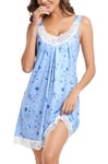 Lovasy Nuisette Sexy Femme en Dentelle Court Chemise de Nuit Babydoll Coton Grande Taille Bretelles Large Robe de Nuit Col en V sans Manches Bleu Clair - Lune et étoiles XL