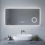 AQUABATOS® Boras - Miroir de Salle de Bain - 120 x 60 cm - Type D - avec éclairage Anti-buée - Grossissement 3X - Horloge numérique - Interrupteur Tactile - Intensité Variable - Blanc Froid - 6 400 K