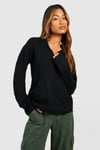 Womens Soft Rib Knit Polo Collar Jumper - Black - L, Black