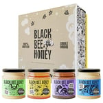 Black Bee Honey Gift Set - x4 227g British Raw Honey Pack, Creamy Light Spring Honey, Runny Floral Summer Honey, Bold Aromatic Autumn Honey and Herbal Winter Honey, Delicious Gifts for her and him