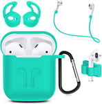 étui écouteurs en Silicone pour AirPods 1/2 Housse de Protection 6en1 avec Corde Anti-Perte, Boucle Anti-Pendaison et Manchon Bouchon d¿Oreille (Vert)