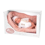 ARIAS Poupée Reborn Lola de 40 cm, avec Habits Blancs et Bonnet et nacelle Rose, bébé Nouveau-né avec Corps en Vinyle, Accessoires, Couches, tétine et tétine, Jouet pour Enfants à partir de 3 Ans