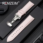 Bracelet De Montre En Cuir De Veau Véritable Avec Structure Papillon,Bracelet De Montre Litchi Mars,Accessoires De Montre,18mm,20mm,22mm,24mm - Type Pink-18mm