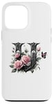 Coque pour iPhone 13 Pro Max Letter U Initial Floral Monogram Rose Pink Flower Butterfly