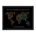 Artery8 World Travel Landmark Line Map Oh The Places You Will Go! Rainbow Black Artwork Framed Wall Art Print 18X24 Inch