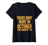 Womens Tigers Hunt Hunt In October The Roar Of '24 Funny Halloween V-Neck T-Shirt