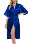 Lovasy Peignoir Satin Femme Robes de Chambre et Kimonos de Mariée Robes de Chambre Soie Court Kimono Col V avec Ceinture, Bleu foncé,M