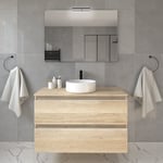 Meuble de salle de bain 2 tiroirs avec vasque à poser ronde et miroir avec applique - bambou (chêne clair) - balea - 80cm