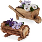 Relaxdays - Bac pour plantes, en bois, jeu de 2, brouette et demi tonneau fleurs