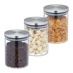 Relaxdays Jars in Set of 3, 650ml Capacity, Steel Airtight Lids, Dry Food Storage, Glass, Transparent/Silver