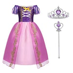 ACWOO Deguisement Robe Costume Princesse Raiponce Enfant Fille avec Couronne et Baguette Magique, Anniversaire Noël Fete Halloween Nouvel An Party Dress Up, Manches Bouffantes