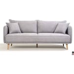 Canapé Fixe 3 places DAREN -Tissu Gris clair - Style scandinave -2 Coussins Déco - L 207 x P 90 x H 88 cm