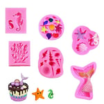 6 Pcs Moules en Silicone en Forme de Sirène,Marin Animal 3D Fondant Moule,Moule Coquillage,Moules à Gâteaux Fondants pour Jelly Sucre Candy Chocolat