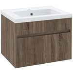 kleankin Meuble lavabo de 60 cm avec lavabo en céramique, meuble de salle de bain suspendu en bois avec tiroir doux, marron clair