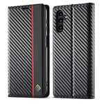 ZTOFERA Flip Wallet Case for Samsung Galaxy A14 4G/5G, Premium PU Leather Carbon Fiber Folio Book Case with Card Holder Magnetic Closure Stand View Protective Phone Cover, Vertical Red Line