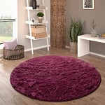 Paco Home Tapis De Salon Poil Long Rond Salon Tapis Shaggy Moderne Poil Long Fausse Fourrure Moelleux Monochrome, Dimension:80 cm Rond, Couleur:Pourpre