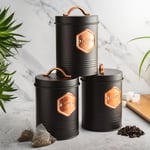 Tea Coffee & Sugar Canisters Bin Jar Storage 3pc Black/Copper Cooks Professional