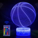 Basketboll nattlampa för barn, 3D illusionslampa, LED-ljus fjärrkontroll 16 färger som ändrar dimbar, julklappar