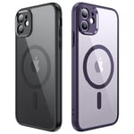 Anloes Magnétique Coque pour iPhone 12 Compatible avec MagSafe, [2 Pièces] Protection Antichoc Militaire Etui Anti Rayures Transparente Arrière Housse Case pour iPhone 12 (Noir et Violet foncé)