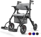 VOCIC Déambulateur Fauteuil Roulant 2 en 1 pour personnes âgées,Chaise de transport Rollator en aluminium réglable en hauteur pour l'extérieur et les voyages,Noir obsidien (Garantie 5 ans)