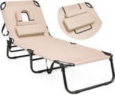 Chaise Longue Pliante Réglable en 5 Positions-Transat Jardin avec Trou pour Visage&3 Coussins Amovibles-Charge 160KG Beige