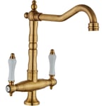 Robinet Mitigeur Cuisine Vintage Robinet de Lavabo Rétro 2 Poignées Réglable Chaude et Froide Rotatif 360° Bronze