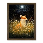 Artery8 Watching the Fireflies Dance Happy Fox over a Wildflower Meadow Oil Painting Orange White Blue Full Moon Spring Night Dreamy Landscape Artwork Framed Wall Art Print 18X24 Inch