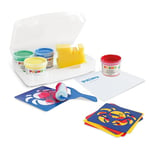 PRIMO - Kit Palette Peinture Enfant +3Ans avec Peinture Gouache à Doigts 100g + Rouleau + Pochoirs pour Peinture, 4 Couleurs Tempera pour Papeterie, Verre et Loisirs Créatifs Testée Dermatologiquement