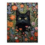 Black Cat In Wildflower Meadow Flowers Floral Design Illustration Extra Large XL Unframed Wall Art Poster Print