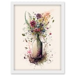 Spring Wildflower Floral Bouquet in a Wine Bottle Artwork Framed Wall Art Print A4