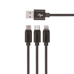 Setty 3in1 USB-kabel til microUSB/USB-C/Lightning, 1,2 m, Sort