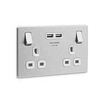 BG Electrical FBS22U3W Screwless Flatlate Brushed Steel Double Switched 13A Power Socket With USB Charging - 2X USB Sockets (3.1A) White Insert