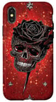 Coque pour iPhone X/XS Rose noire et crâne sur toile rouge