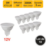 Lot de 10 ampoules led GU5.3 (MR16) 12V 4,4W - 120° - 350Lm 3000K - garantie 5 ans