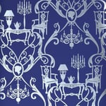 Blue Navy Silver Damasquerade Wallpaper Dining Room Metallic Damask Candle