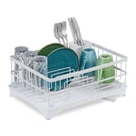 Relaxdays Dish Drainer, with Drainage, Drying Rack for Plates, Bowls, Cups, HWD: 18 x 42 x 30 cm, Crockery Holder, White