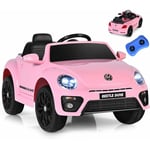 Goplus - Voiture électrique Enfant 3-8 Ans 12V Coccinelle avec Télécommande 2,4G,1 Place avec LED/Bluetooth/USB,3-5 KM/H,Rose