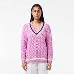 Lacoste Pull torsadé coton col V esprit tennis Taille 36 Rose/blanc/bleu Marine