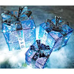 Flash Powder Iron Set of 3 Christmas Light Up LED Gift Boxes Decorative Christmas Parcel Set Warm White Lights Indoor Outdoor Christmas Tree Decoration -Blue