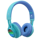 Riwbox Kids Bluetooth Headphones, WT-7S LED Light Up Foldable Stereo Kids Headphones Wireless&Wired with Microphone for School/PC/Phone/TV/Tablet (Blue&Green)